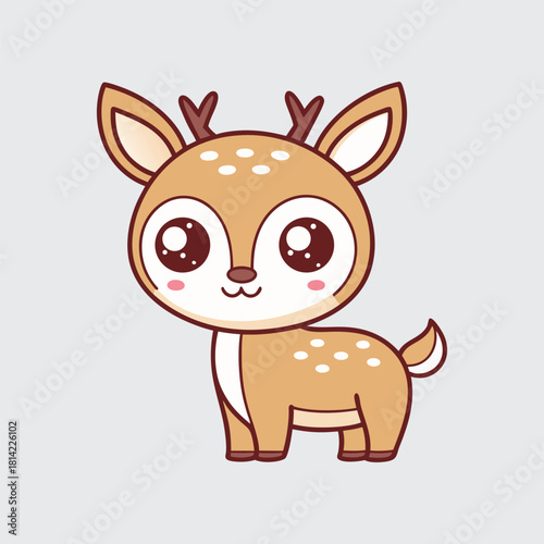 Cute Cartoon Fawn with Antlers Vector Illustration Adorable Deer with White Spots and Big Eyes Standing on Light Gray Background Lovely Smiling Character