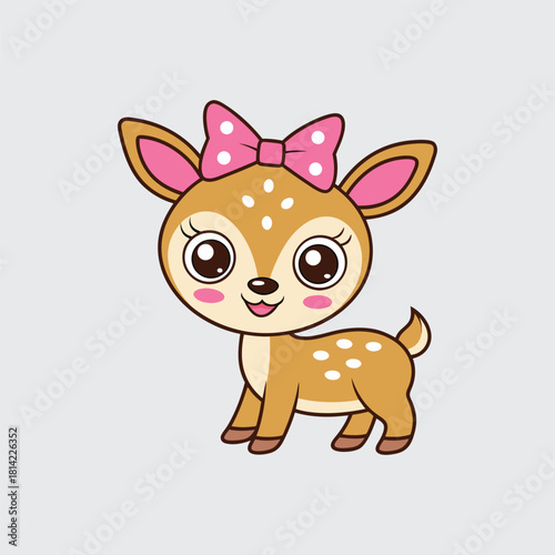 Cute Cartoon Deer with Pink Bow Vector Illustration Adorable Fawn with White Spots and Big Eyes on Light Gray Background Smiling Character for Children