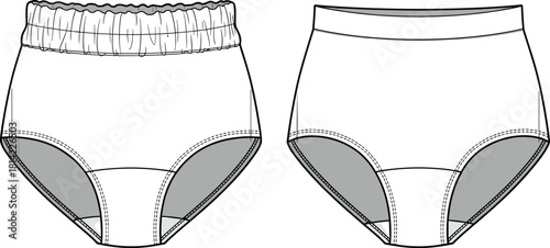Technical flat vector sketch of high-waist briefs, elasticated waistband women's underwear CAD illustration template.