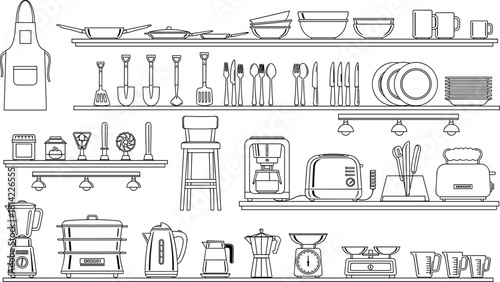 Kitchen inventory line drawing with utensils, appliances, and dishware organized on shelves for culinary, educational, and vector content