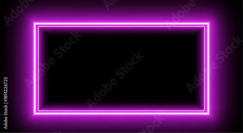 An abstract, electric-purple, neon-lit rectangular frame glows vividly against a black backdrop, exuding a modern and artistic appeal. vector illustration