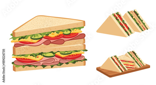 Stack of delicious sandwiches with ham, cheese, lettuce, tomato, and cucumber slices on white background.