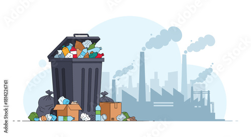 Overflowing trash bin and garbage on the ground in front of a factory with smokestacks emitting pollution.