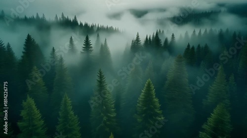 Cool emerald forest landscape shrouded in serene, atmospheric fog, creating a breathtaking and mystical wilderness vista where ancient trees vanish into the hazy light