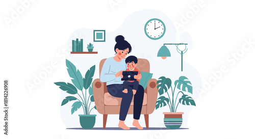 Mother and son sitting on a couch using a tablet in a cozy living room setting.