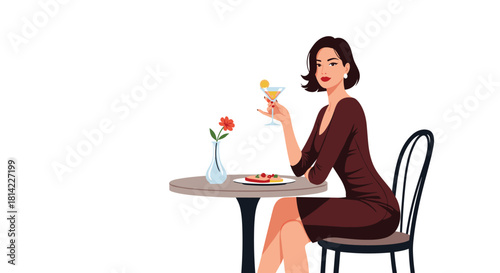 Elegant woman in a brown dress enjoying a cocktail and a meal at a table.