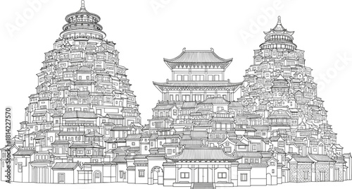 Line drawing of monumental East Asian temple towers with ornate rooftops and stacked architecture for cultural and editorial vector content