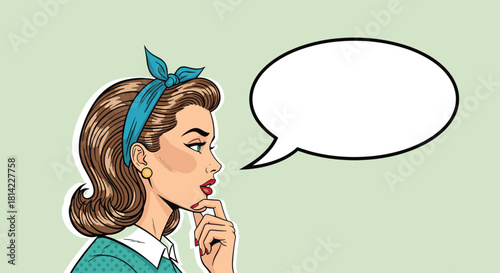 Pop art woman with a thought bubble, looking contemplative with her finger on her chin.