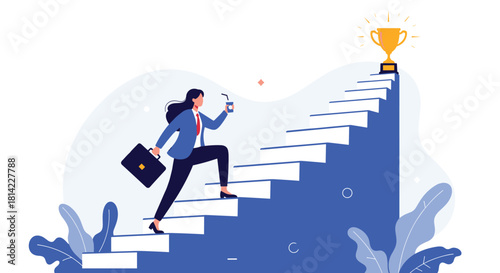 A determined businesswoman climbs stairs toward a golden trophy representing success and career achievement.
