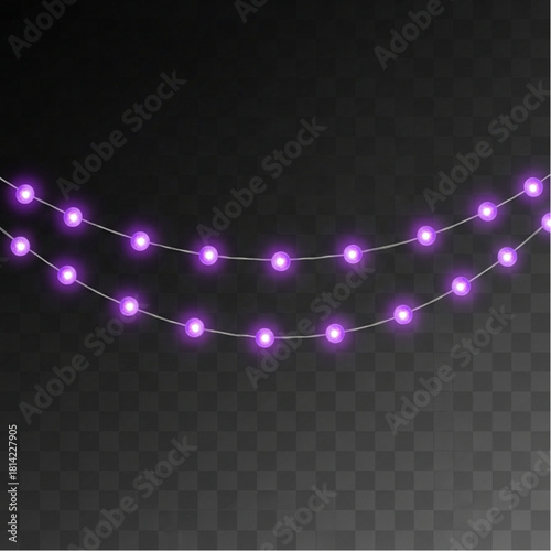 A string of radiant purple lights, perfectly suspended against a dark, translucent backdrop, emanates a festive, enchanting aura. The luminous bulbs glow softly. vector illustration