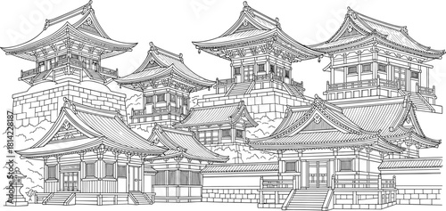 Line drawing of traditional Japanese temple and castle architecture with ornate rooftops for cultural and editorial vector content