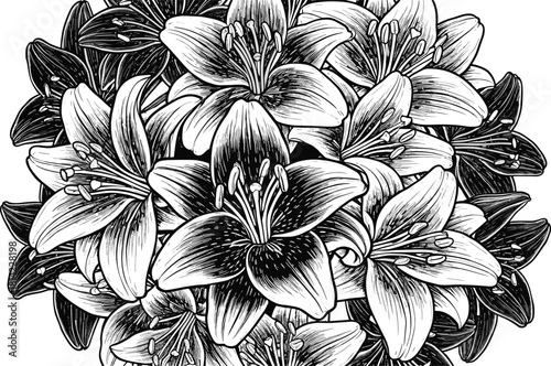 Lily flower cluster illustration, black-and-white line drawing of blooming lilies, detailed botanical vector design, floral and decorative concept