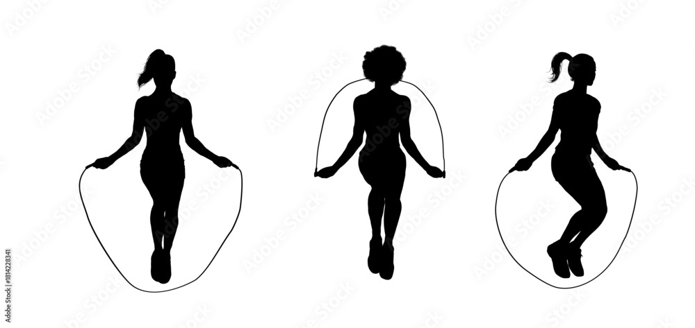 Fototapeta premium Jumping rope woman silhouette set, diverse female fitness pose