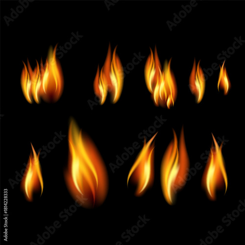 Realistic fire flames and effects set on transparent background