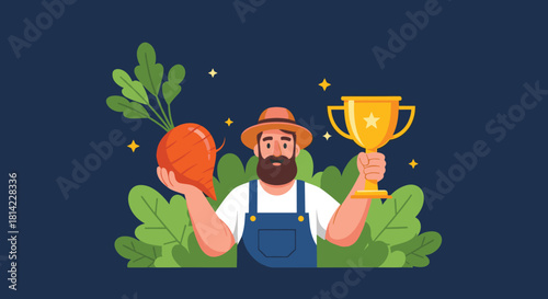 A farmer proudly holds a giant carrot and a golden trophy, surrounded by lush greenery.