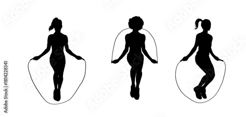 Jumping rope woman silhouette set, diverse female fitness pose