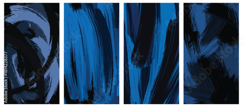 Set of four abstract dark blue and black vertical brush stroke background panels vector illustration