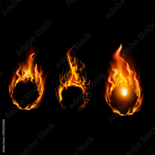 Realistic fire flames and effects set on transparent background