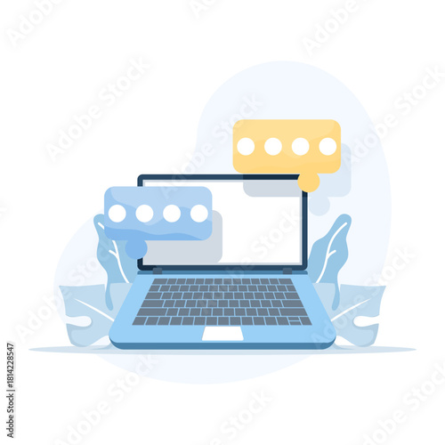 Vector speech bubble with a notebook icon, representing a photo gallery platform. Online social conversation, comment interaction, and emoji messaging concept in a modern flat illustration.