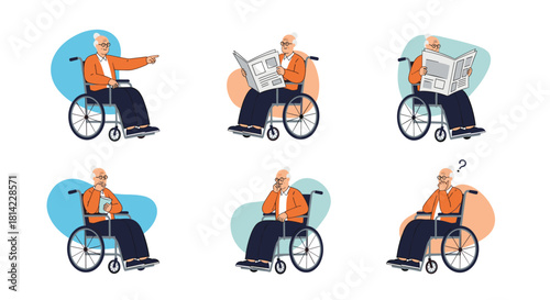 Elderly man in a wheelchair in various poses, reading a newspaper, pointing, and thinking.