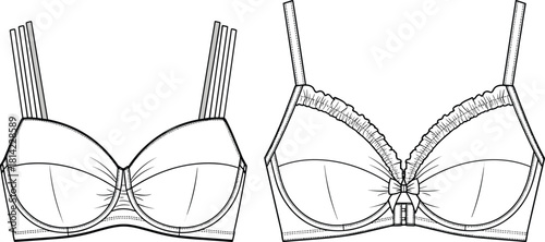 Technical flat vector sketch of ruffled multi-strap bra, decorative lingerie design template, women's underwear CAD illustration.