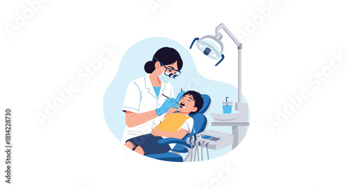 Dentist examining a young boy's teeth in a dental clinic with a bright examination light.