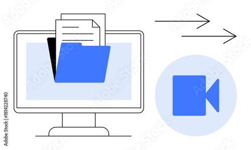 Monitor with folder and files indicating data transfer, arrows signifying movement, video icon. Ideal for digital collaboration, online storage, data sharing, workflow, video streaming, cloud