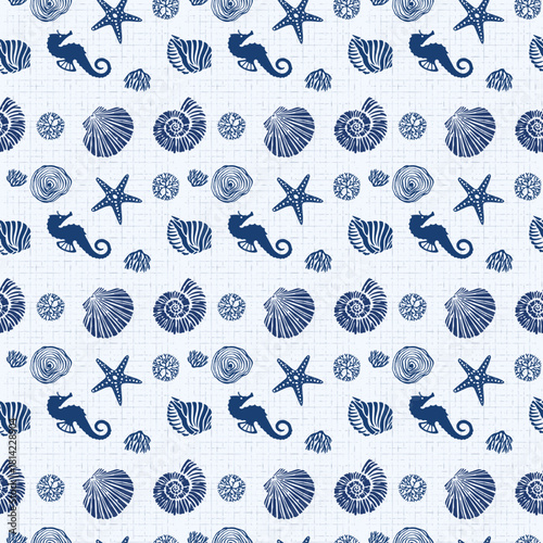 Blue seamless pattern with underwater life objects - seashells, starfish, corals, algae and sea turtles.