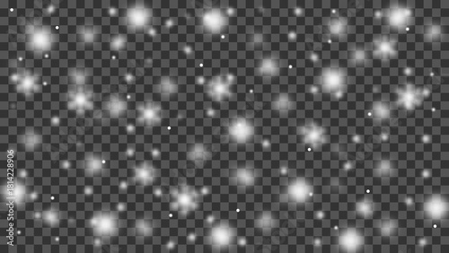 Winter snowfall vector design on transparent background. Blur white snowfall, light snow, snowflakes, falling snow, snow background. Blurred and hazy snowfall. Vector illustration. 