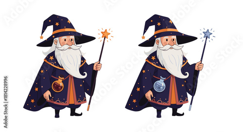 Cartoon wizard with a long white beard and a magical wand, holding a potion bottle.