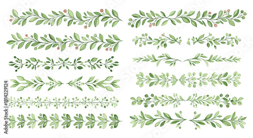 Collection of watercolor green leaf and berry botanical borders and dividers.
