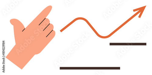 Hand pointing at an upward arrow with a wavy line, symbolizing progress and success. Ideal for business, growth, strategy, finance, analytics, entrepreneurship innovation. Simple flat metaphor