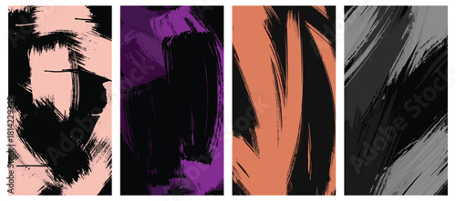 Set of four abstract vertical banners with bold, textured brush stroke backgrounds vector illustration