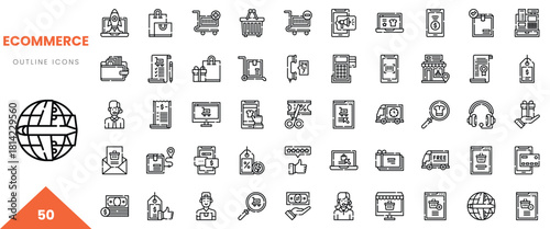 A collection of 50 ecommerce outline icons representing various shopping concepts and tools.