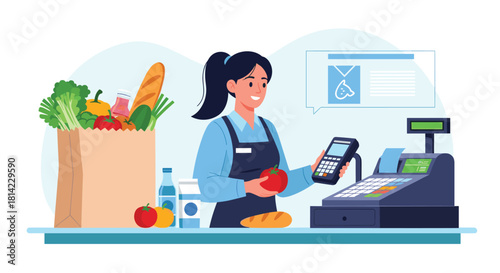 Female cashier holding a tomato and payment terminal at a grocery store checkout.