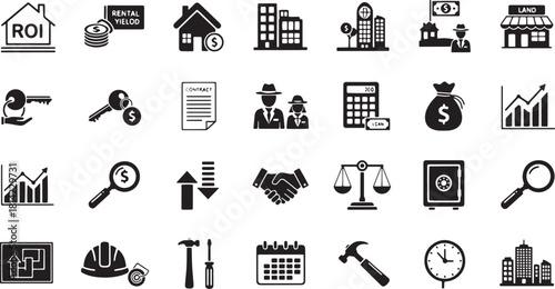 Set of real estate and finance icons simple flat design elements isolated on white background for web and mobile apps