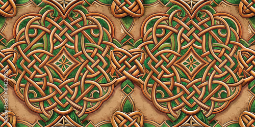 Intricate Celtic design with interwoven patterns in earthy tones and green accents.