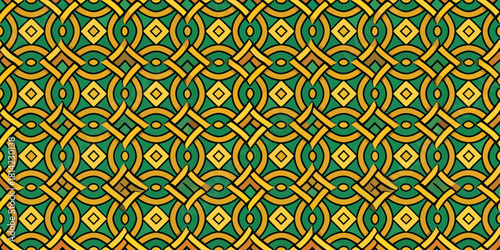 A vibrant green and yellow geometric pattern featuring intertwining loops and diamond shapes.