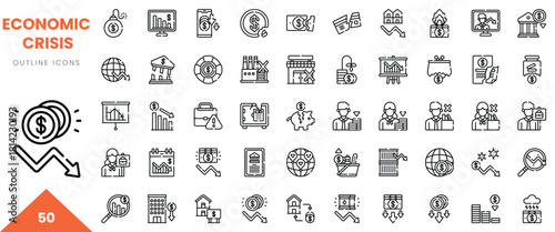 Set of outline icons representing economic crisis themes in finance and analytics.