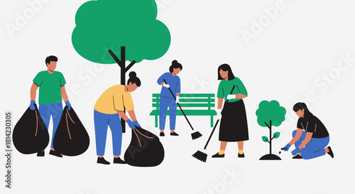 Volunteers cleaning a park, collecting trash, sweeping, and planting a tree, promoting environmental care.