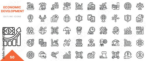 Collection of 50 outline icons representing economic development concepts in a minimalist design.