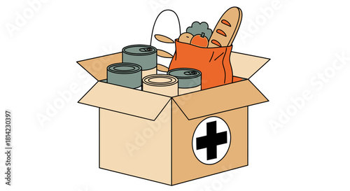 A cardboard box filled with canned goods, bread, and produce, marked with a medical cross.