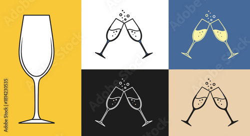 A collage featuring a wine glass outline and four pairs of champagne glasses toasting with bubbles.