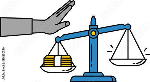 Illustration showing a hand stopping money from outweighing an empty scale, representing fairness.