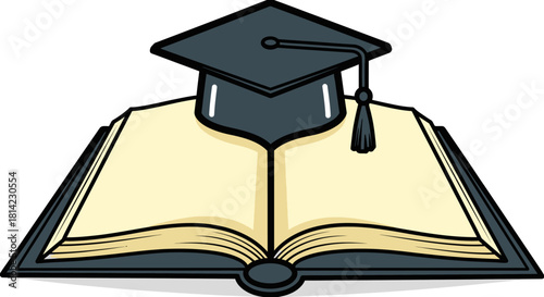 An open book with blank pages topped by a graduation cap, symbolizing education.