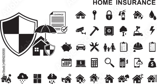 Home insurance icon set glyph symbols for property protection safety and financial security isolated on white background
