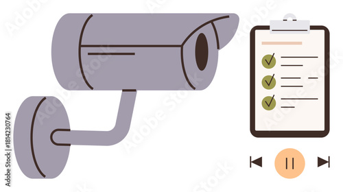 Video surveillance camera with wall mount, checklist with marked items, and playback controls. Ideal for security, surveillance, monitoring, compliance, control protection accountability. Simple