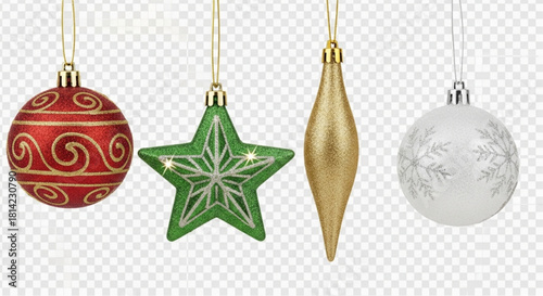 Elegant festive baubles and ornaments are gracefully suspended, each with its unique design, showcasing the festive spirit in a studio shot. vector illustration