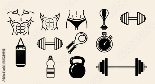A collection of monochrome fitness and gym icons including dumbbells, a kettlebell, and muscular torsos.