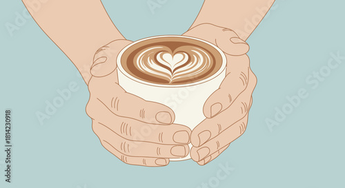 Hands holding a cup of coffee with latte art.